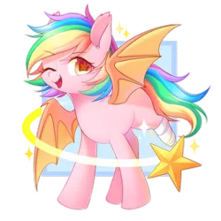 Size: 894x894 | Tagged: safe, artist:leafywind, derpibooru import, oc, oc:paper stars, unofficial characters only, bat pony, pony, abstract background, amputee, bandage, bat pony oc, bat wings, colored pupils, colored wings, cute, cute little fangs, ear fluff, fangs, female, happy, looking at you, mare, missing cutie mark, ocbetes, one eye closed, open mouth, rainbow hair, rainbow tail, simple background, smiling, solo, spread wings, starry eyes, stars, transparent background, wingding eyes, wings, wink