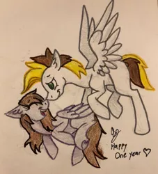 Size: 713x786 | Tagged: safe, artist:lilac pone, derpibooru import, oc, oc:ban pinna, oc:lilac sciath, unofficial characters only, pegasus, pony, anniversary, brown mane, brown tail, couple, feather, female, happy, happy anniversary, laughing, love, lying down, male, mare, nuzzling, present, smiling, stallion, standing, standing over, traditional art, white fur, wings, yellow mane, yellow tail
