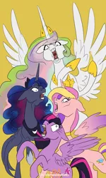 Size: 1500x2500 | Tagged: safe, artist:candasaurus, derpibooru import, princess cadance, princess celestia, princess luna, twilight sparkle, twilight sparkle (alicorn), alicorn, pony, alicorn tetrarchy, banana, bananalestia, faic, female, food, hoers, horses doing horse things, majestic as fuck, mare, open mouth, rearing, simple background, wat, yellow background