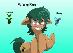 Size: 820x595 | Tagged: safe, artist:willdabeard, derpibooru import, oc, oc:flurry, oc:nutmeg, oc:nutmeg rose, breezie, earth pony, pony, blushing, brown, brown fur, cutie mark, glasses, green eyes, green mane, macro, micro, teeth, waving