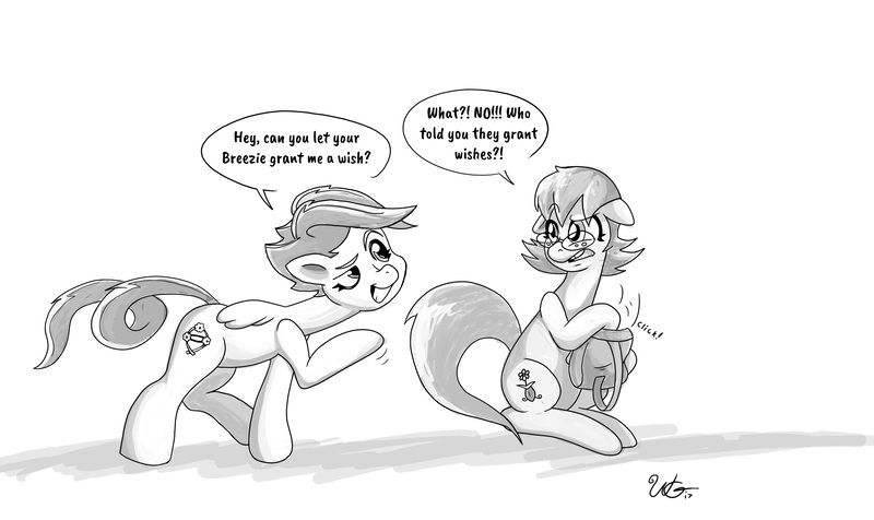 Size: 4290x2550 | Tagged: safe, artist:willdabeard, derpibooru import, oc, oc:gimbal, oc:gimbal lock, oc:nutmeg, breezie, earth pony, pegasus, pony, black and white, comic, gimbal lock, grayscale, implied oc, misty brightdawn, monochrome, nutmeg