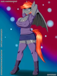 Size: 3000x4000 | Tagged: suggestive, artist:ravenousdash, derpibooru import, oc, oc:grem, anthro, bat pony, abstract background, anthro oc, arm behind back, bat pony oc, beautiful, big breasts, boots, breasts, clothes, cute, erect nipples, female, garter belt, garters, huge breasts, miniskirt, nipple outline, nipples, partial nudity, pose, ranchtown, shoes, skirt, smiling, socks, solo, stockings, thick, thigh highs, thighs, zettai ryouiki