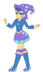Size: 1300x2190 | Tagged: safe, artist:mashoart, derpibooru import, flash sentry, equestria girls, boots, clothes, clothes swap, crossdressing, crossplay, cute, dress, eyelashes, girly sentry, hat, high heel boots, hoodie, looking at you, male, shoes, simple background, skirt, solo, stockings, thigh highs, transparent background, trixie's hat