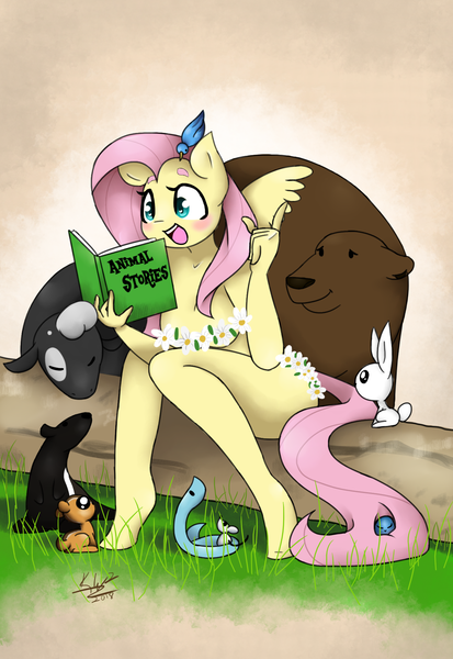 Size: 1307x1900 | Tagged: adorasexy, angel bunny, anthro, artist:kaywhitt, badger, bear, bird, book, breasts, casual nudity, chipmunk, cute, derpibooru import, flower, fluttershy, harry, mouse, nudity, parasprite, rupert, sexy, sheep, shyabetes, snake, strategically covered, suggestive, unguligrade anthro