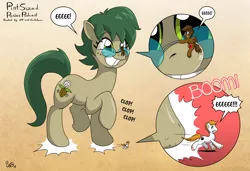 Size: 5250x3600 | Tagged: safe, artist:willdabeard, derpibooru import, oc, oc:vanilla beam, oc:zd, earth pony, pegasus, pony, brown fur, brown mane, comic, freckles, glasses, green mane, hooves, macro/micro, micro, orange mane, pint sized pony podcast, podcast, simple background, stomping, text