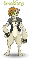 Size: 1581x3009 | Tagged: artist:willdabeard, beige, chest fluff, clothes, derpibooru import, diamond dog, female, female diamond dog, gloves, grin, hand on hip, jacket, jewelry, necklace, oc, oc:breakfang, safe, simple background, smiling, smirk, solo, standing, thighs, transparent background, unofficial characters only, yellow eyes