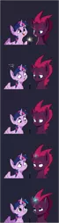 Size: 1608x6002 | Tagged: safe, artist:tabu-rat, derpibooru import, fizzlepop berrytwist, tempest shadow, twilight sparkle, twilight sparkle (alicorn), alicorn, pony, unicorn, my little pony: the movie, beanbrows, broken horn, comic, cute, duo, eye scar, eyebrows, female, glowing horn, horn, magic, mare, scar, simple background, smiling, smoke, sparkler (firework), wings