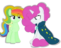 Size: 1024x813 | Tagged: safe, artist:crownedmango, derpibooru import, oc, oc:soda pop, oc:solar, unofficial characters only, unicorn, base used, cape, clothes, female, magical lesbian spawn, male, mare, offspring, parent:pinkie pie, parent:rainbow dash, parent:rarity, parents:raripie, robe, simple background, stallion, sunburst's robe, transparent background