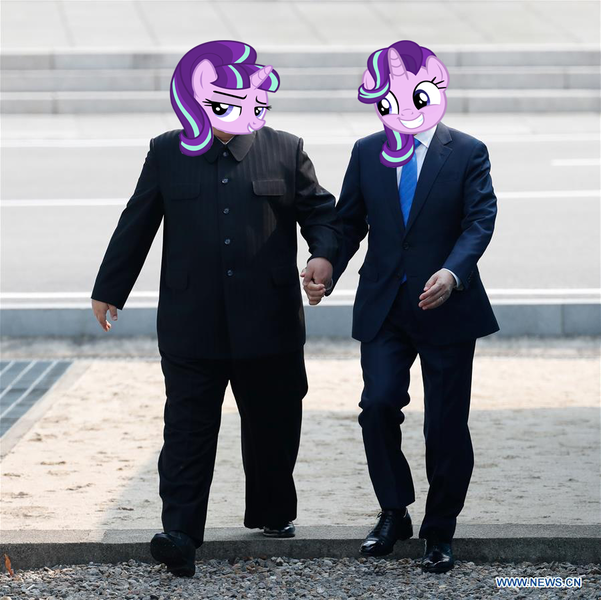 Size: 899x897 | Tagged: derpibooru import, holding hands, human, irl, irl human, kim jong-un, moon jae in, north korea, obligatory pony, photo, politics, s5 starlight, safe, south korea, stalin glimmer, starlight glimmer