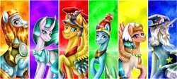 Size: 2945x1323 | Tagged: safe, artist:lada03, derpibooru import, flash magnus, meadowbrook, mistmane, rockhoof, somnambula, star swirl the bearded, earth pony, pegasus, pony, unicorn, shadow play, clothes, female, male, pillars of equestria, smiling, stallion