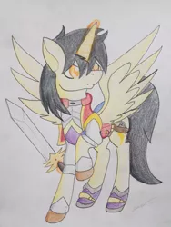 Size: 1024x1365 | Tagged: safe, artist:luxiwind, deleted from derpibooru, derpibooru import, oc, oc:prince thunderwing, alicorn, pony, armor, magic, male, solo, stallion, sword, traditional art, weapon