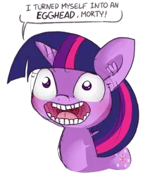 Size: 3432x4160 | Tagged: safe, artist:dsp2003, artist:tjpones, derpibooru import, edit, twilight sparkle, pony, unicorn, comic:the many faces of twilight sparkle, bust, comic, creepy, creepy smile, dialogue, ear fluff, female, mare, meme, open mouth, rick and morty, rick sanchez, simple background, single panel, smiling, special eyes, transparent background, twirick, wat
