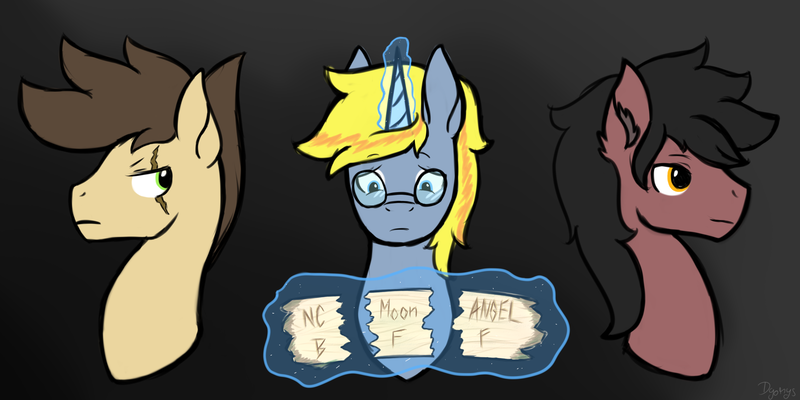 Size: 2362x1181 | Tagged: safe, artist:dyonys, derpibooru import, oc, oc:angel feather, oc:moon shine, oc:night chaser, unofficial characters only, earth pony, pegasus, pony, unicorn, bust, ear fluff, glasses, glowing horn, magic, male, sad, scar, stallion, tree bark, writing