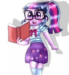 Size: 1541x1672 | Tagged: safe, artist:doraeartdreams-aspy, derpibooru import, sci-twi, twilight sparkle, equestria girls, equestria girls series, book, bowtie, clothes, cute, glasses, looking at you, moe, open mouth, ponytail, skirt, socks, solo, thigh highs, twiabetes