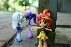 Size: 6000x4000 | Tagged: safe, artist:artofmagicpoland, derpibooru import, sunset shimmer, trixie, twilight sparkle, equestria girls, equestria girls series, caught, cheating, clothes, doll, equestria girls minis, eqventures of the minis, female, implied lesbian, implied scitwishimmer, implied shipping, lesbian, shipping, swimsuit, toy, twixie