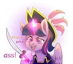 Size: 4256x3732 | Tagged: safe, artist:jeffapegas, derpibooru import, twilight sparkle, twilight sparkle (alicorn), alicorn, pony, my little brony risovach, my little pony: the movie, captain twilight, clothes, female, hat, looking at you, magic, mare, pirate hat, pirate twilight, prepare your anus, solo, sword, telekinesis, vulgar, weapon