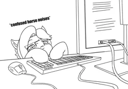 Size: 1158x812 | Tagged: safe, artist:appelknekten, derpibooru import, oc, oc:appel, unofficial characters only, earth pony, pony, black and white, computer, computer mouse, confused, descriptive noise, glasses, grayscale, horse noises, keyboard, male, monitor, monochrome, onomatopoeia, reaction image, solo, stallion