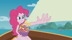 Size: 1632x918 | Tagged: safe, derpibooru import, edit, edited screencap, screencap, pinkie pie, equestria girls, equestria girls series, the salty sails, clothes, cupcake, food, ocean, pinkie's basket treasure, sailing, ship, solo, swimsuit, template
