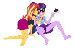 Size: 6129x4000 | Tagged: suggestive, artist:edcom02, artist:jmkplover, derpibooru import, sci-twi, sunset shimmer, twilight sparkle, equestria girls, equestria girls series, barefoot, blushing, cake, chocolate cake, clothes, cutie mark underwear, feet, female, food, fork, glasses, legs, lesbian, licking, missing shoes, panties, ponytail, purple underwear, scitwishimmer, shipping, simple background, skirt, skirt lift, sunsetsparkle, tongue out, transparent background, underwear, upskirt