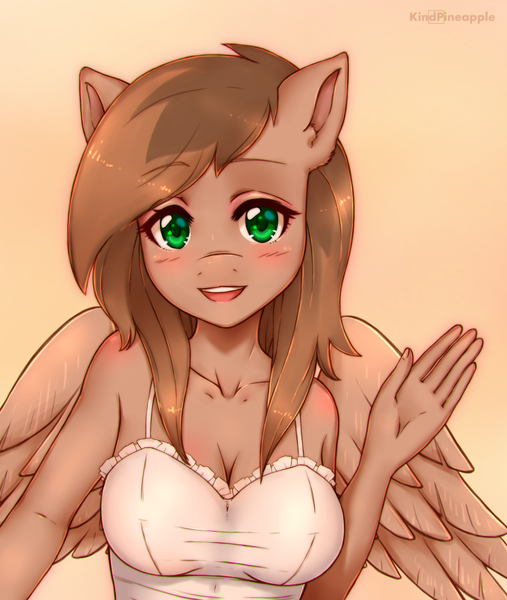 Size: 2879x3407 | Tagged: anthro, anthro oc, artist:kindpineapple, blushing, breasts, brown hair, bust, clothes, derpibooru import, female, front view, green eyes, hello, mare, oc, open mouth, pegasus, safe, simple background, smiling, solo, thin, unofficial characters only, waving, wings, ych result