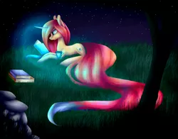 Size: 4600x3600 | Tagged: safe, artist:nightskrill, derpibooru import, oc, unofficial characters only, pony, unicorn, book, cup, female, glowing horn, lying, mare, night, prone, reading, solo, stars, teacup