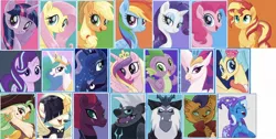 Size: 2048x1033 | Tagged: safe, artist:limedazzle, derpibooru import, editor:superbobiann, applejack, capper dapperpaws, captain celaeno, fluttershy, grubber, pinkie pie, princess cadance, princess celestia, princess luna, princess skystar, queen novo, rainbow dash, rarity, songbird serenade, spike, starlight glimmer, storm king, sunset shimmer, tempest shadow, twilight sparkle, twilight sparkle (alicorn), abyssinian, alicorn, anthro, classical hippogriff, earth pony, hippogriff, pegasus, pony, seapony (g4), unicorn, my little pony: the movie, anthro with ponies, beauty mark, bow, broken horn, cape, clothes, cowboy hat, ear piercing, earring, female, hair bow, hat, jewelry, looking at you, male, mane seven, mane six, mare, piercing, pirate hat, pretty pretty tempest, regalia, wall of tags