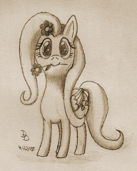 Size: 1600x2000 | Tagged: safe, artist:darkdabula, derpibooru import, fluttershy, pegasus, pony, female, flower, flower in hair, flower in mouth, folded wings, looking at you, mare, mouth hold, smiling, solo, standing, traditional art, wings