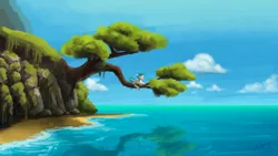 Size: 1600x900 | Tagged: artist:lollipony, beautiful, classical hippogriff, cloud, derpibooru import, eyes closed, hippogriff, male, mount aris, ocean, quadrupedal, sad, safe, scene interpretation, scenery, sitting in a tree, sky, solo, surf and/or turf, terramar, tree, water