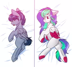 Size: 1250x1166 | Tagged: safe, artist:cloud-fly, derpibooru import, oc, oc:flower lullaby, oc:thunderblood monarch, unofficial characters only, pegasus, pony, body pillow, body pillow design, butt, female, male, mare, plot, prone, stallion, two toned wings, waifu pillow
