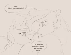 Size: 3300x2550 | Tagged: safe, artist:silfoe, derpibooru import, princess cadance, princess celestia, alicorn, pony, nomad au, black and white, bust, dialogue, duo, female, grayscale, looking at each other, mare, monochrome, royal multiverse, simple background, sketch, smiling, speech bubble, tan background