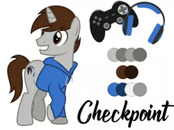 Size: 1991x1500 | Tagged: safe, artist:mythchaser1, derpibooru import, oc, oc:checkpoint, unofficial characters only, unicorn, clothes, controller, cutie mark, headset, hoodie, male, raised leg, reference sheet, solo, stallion