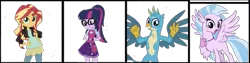 Size: 1725x436 | Tagged: safe, derpibooru import, editor:superbobiann, gallus, sci-twi, silverstream, sunset shimmer, twilight sparkle, classical hippogriff, gryphon, hippogriff, equestria girls, female, gallstream, lesbian, scitwishimmer, shipping, simple background, sunsetsparkle, transparent background