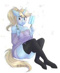 Size: 2079x2529 | Tagged: safe, artist:askbubblelee, derpibooru import, oc, oc:kelly, unofficial characters only, anthro, unguligrade anthro, unicorn, anthro oc, blushing, clothes, female, food, mare, popsicle, simple background, sitting, socks, solo, stockings, sweater, thigh highs, transparent background