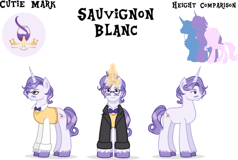 Size: 1234x828 | Tagged: safe, artist:pandamoniyum, derpibooru import, oc, oc:sauvignon blanc, unofficial characters only, unicorn, bowtie, clothes, facial hair, glasses, glowing horn, male, moustache, offspring, parent:fancypants, parent:fleur-de-lis, parents:fancyfleur, reference sheet, simple background, solo, stallion, suit, sweater vest, transparent background, unshorn fetlocks