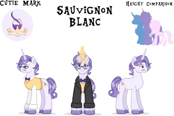 Size: 1234x828 | Tagged: safe, artist:pandamoniyum, derpibooru import, oc, oc:sauvignon blanc, unofficial characters only, unicorn, bowtie, clothes, facial hair, glasses, glowing horn, male, moustache, offspring, parent:fancypants, parent:fleur-de-lis, parents:fancyfleur, reference sheet, simple background, solo, stallion, suit, sweater vest, transparent background, unshorn fetlocks