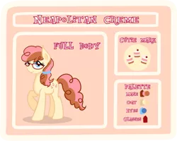 Size: 1031x825 | Tagged: safe, artist:pandamoniyum, derpibooru import, oc, oc:neapolitan creme, unofficial characters only, earth pony, pony, female, glasses, mare, offspring, parent:cheese sandwich, parent:pinkie pie, parents:cheesepie, reference sheet, solo