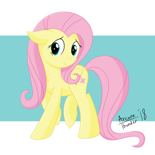 Size: 5000x5000 | Tagged: safe, artist:arcane-thunder, derpibooru import, fluttershy, pegasus, pony, absurd resolution, chest fluff, digital art, female, floppy ears, folded wings, head turn, looking at you, looking sideways, mare, raised hoof, raised leg, signature, simple background, smiling, solo, transparent background