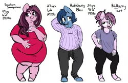 Size: 5416x3500 | Tagged: safe, artist:mulberrytarthorse, derpibooru import, oc, oc:huckleberry bleu, oc:mulberry tart, oc:southern smorgasbord, unofficial characters only, anthro, bhm, bleuberry, chubby, clothes, couple, dress, fat, female, male, mother and daughter, tongue out