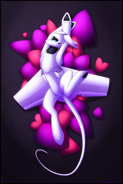 Size: 1291x1920 | Tagged: suggestive, artist:xn-d, derpibooru import, oc, oc:xn, unofficial characters only, original species, plane pony, pony, ponymorph, robot, robot pony, balls, bedroom eyes, heart, male, nudity, on back, pillow, plane, solo, solo male, spread legs, spreading, sultry pose