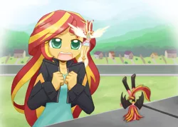 Size: 1407x1000 | Tagged: safe, artist:howxu, derpibooru import, sunset shimmer, equestria girls, angel, clothes, crossover, cute, daydream shimmer, disney, female, good end, handstand, parody, shimmerbetes, shoulder angel, shoulder devil, signature, sunset satan, sunset's conscience, the emperor's new groove, upside down