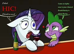 Size: 2304x1682 | Tagged: suggestive, artist:cabrony, artist:justanotherponyartblog, derpibooru import, rarity, spike, alcohol, drinking, drunk, drunk rarity, female, lettering, male, shipping, sparity, straight, text, wine