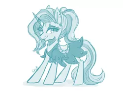 Size: 1280x960 | Tagged: safe, artist:taligintou, derpibooru import, sassy saddles, pony, unicorn, 30 minute art challenge, clothes, ear piercing, female, mare, monochrome, piercing, side view, simple background, solo, white background