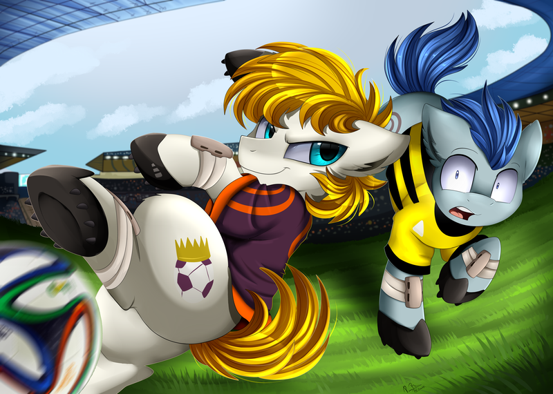 Size: 3518x2509 | Tagged: safe, artist:pridark, derpibooru import, oc, oc:striker, unnamed oc, unofficial characters only, pony, audience, ball, clothes, commission, duo, football, open mouth, soccer field, sports, stadium
