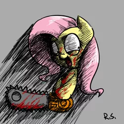 Size: 1000x1000 | Tagged: semi-grimdark, artist:richard-skip, derpibooru import, fluttershy, pony, .mov, shed.mov, blood, chainsaw, crazy face, faic, female, fluttershed, gray background, mare, open mouth, simple background, solo