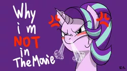 Size: 1600x900 | Tagged: safe, artist:richard-skip, derpibooru import, starlight glimmer, pony, unicorn, my little pony: the movie, angry, cross-popping veins, female, frown, grammar error, mare, meme, no-showlight glimmer, simple background, snorting, solo, text, triggered