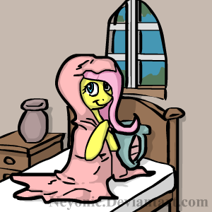 Size: 300x300 | Tagged: safe, artist:neyonic, derpibooru import, fluttershy, pony, bed, blanket, cozy, female, looking at you, mare, smiling, solo, wrapped up