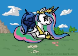 Size: 294x212 | Tagged: safe, artist:neyonic, derpibooru import, princess celestia, princess luna, alicorn, pony, duo, female, jewelry, looking back, mare, missing accessory, picture for breezies, prone, regalia, sisters, sleeping, smiling