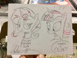 Size: 2048x1536 | Tagged: safe, artist:andypriceart, derpibooru import, sunset shimmer, twilight sparkle, twilight sparkle (alicorn), alicorn, pony, unicorn, andy you magnificent bastard, clothes, duo, female, mare, shirt, traditional art