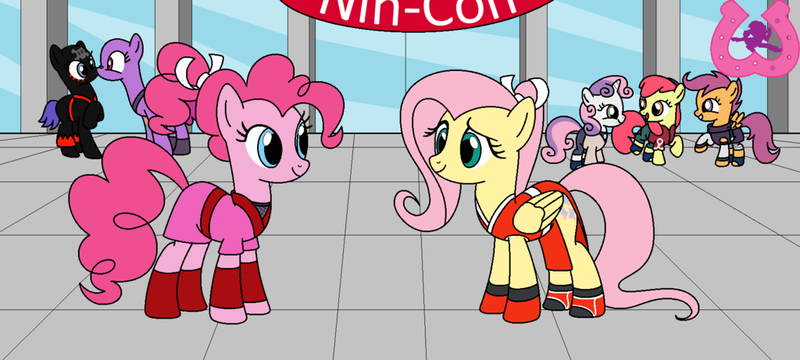 Size: 1024x461 | Tagged: safe, artist:author92, derpibooru import, apple bloom, fluttershy, pinkie pie, scootaloo, sweetie belle, earth pony, pegasus, pony, unicorn, alternate costumes, ami, brightly colored ninjas, clothes, convention, cosplay, costume, cutie mark, cutie mark crusaders, fishnet clothing, fishnets, haruno sakura, hi hi puffy ami yumi, hyuuga hinata, king of fighters, kunoichi, mai shiranui, naruto, ninja, pokémon, yamanaka ino, yumi