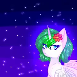 Size: 2000x2000 | Tagged: safe, artist:g-raven, derpibooru import, oc, oc:princess margarita, unofficial characters only, alicorn, pony, alicorn oc, flower, flower in hair, looking at you, space, stars